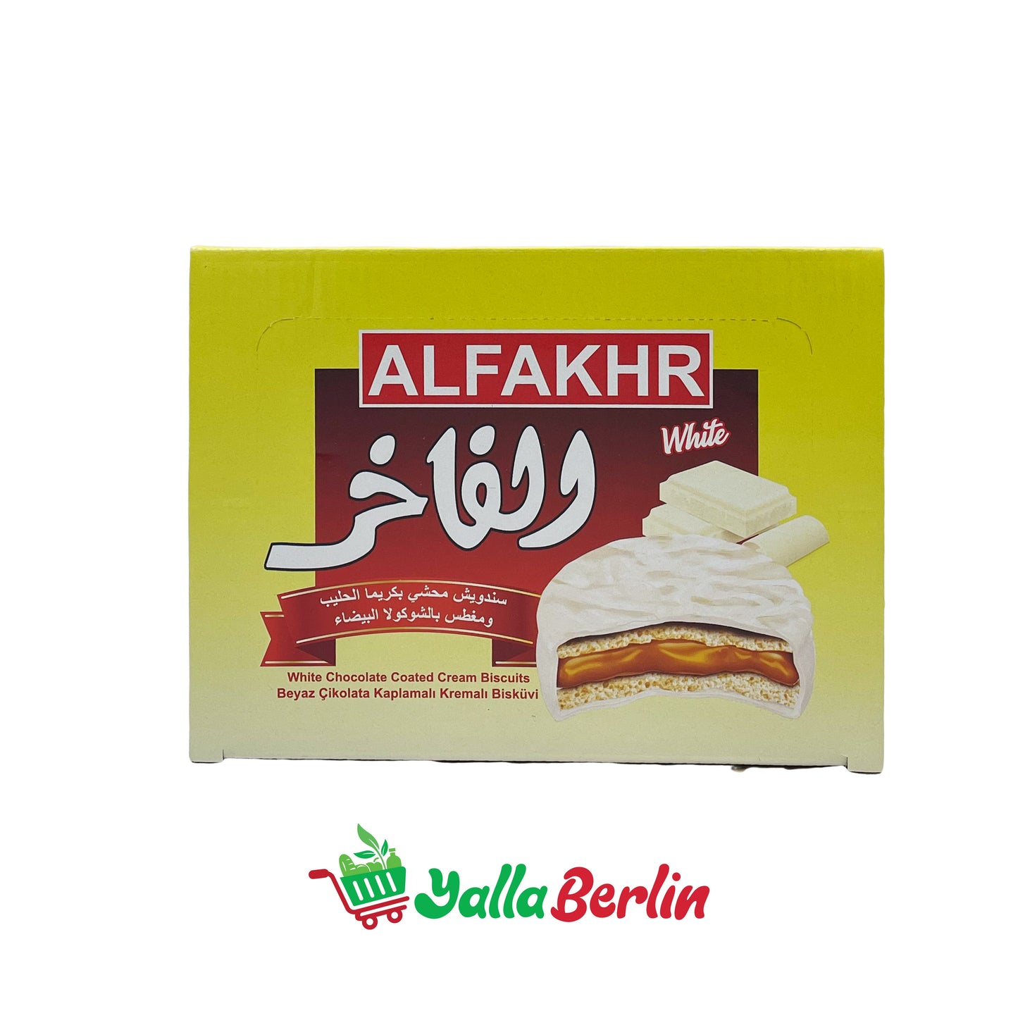 AL FAKHER SANDWICHES FILLED WITH MILK CREAM AND DIPPED IN WHITE CHOCOLATE.