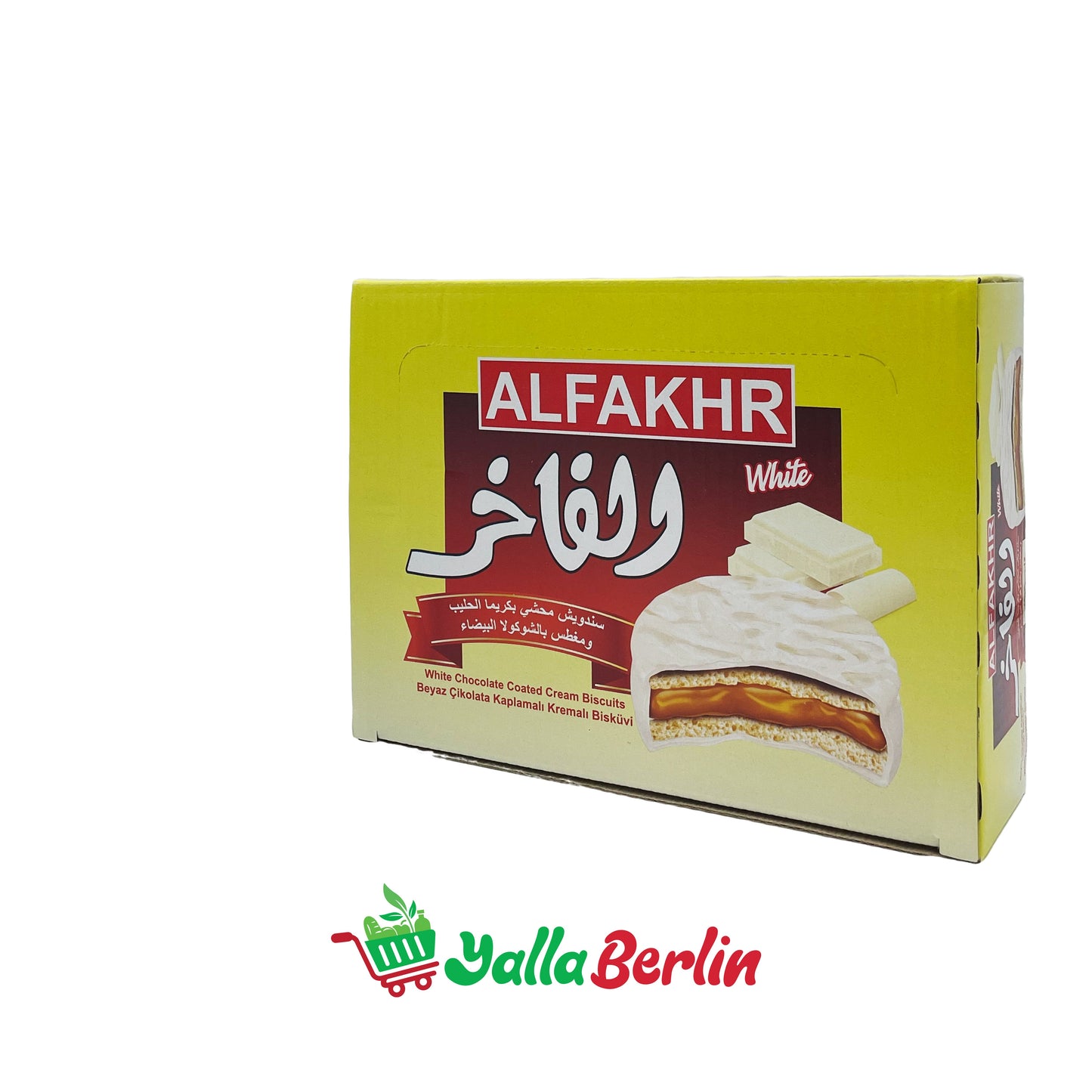 AL FAKHER SANDWICHES FILLED WITH MILK CREAM AND DIPPED IN WHITE CHOCOLATE.