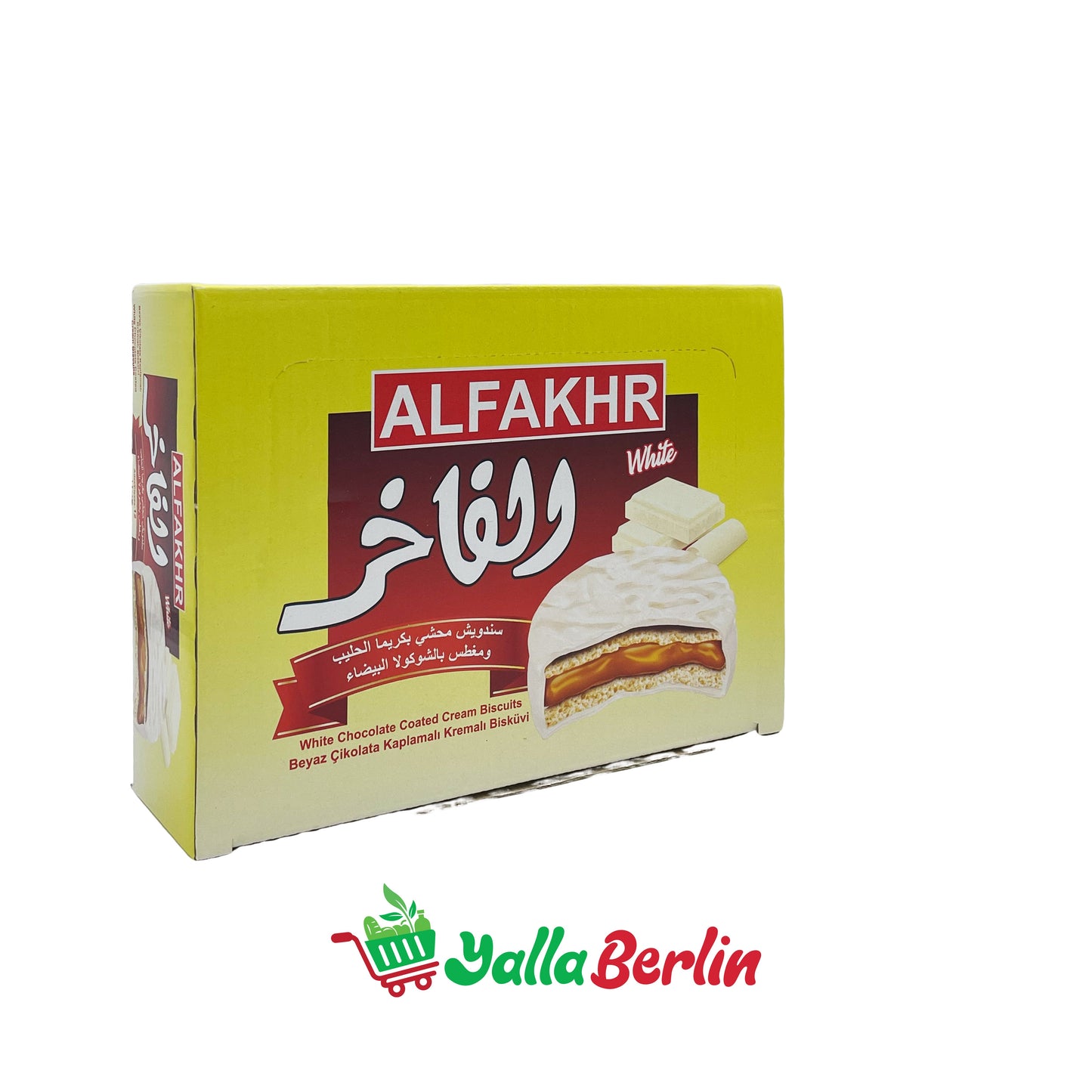 AL FAKHER SANDWICHES FILLED WITH MILK CREAM AND DIPPED IN WHITE CHOCOLATE.