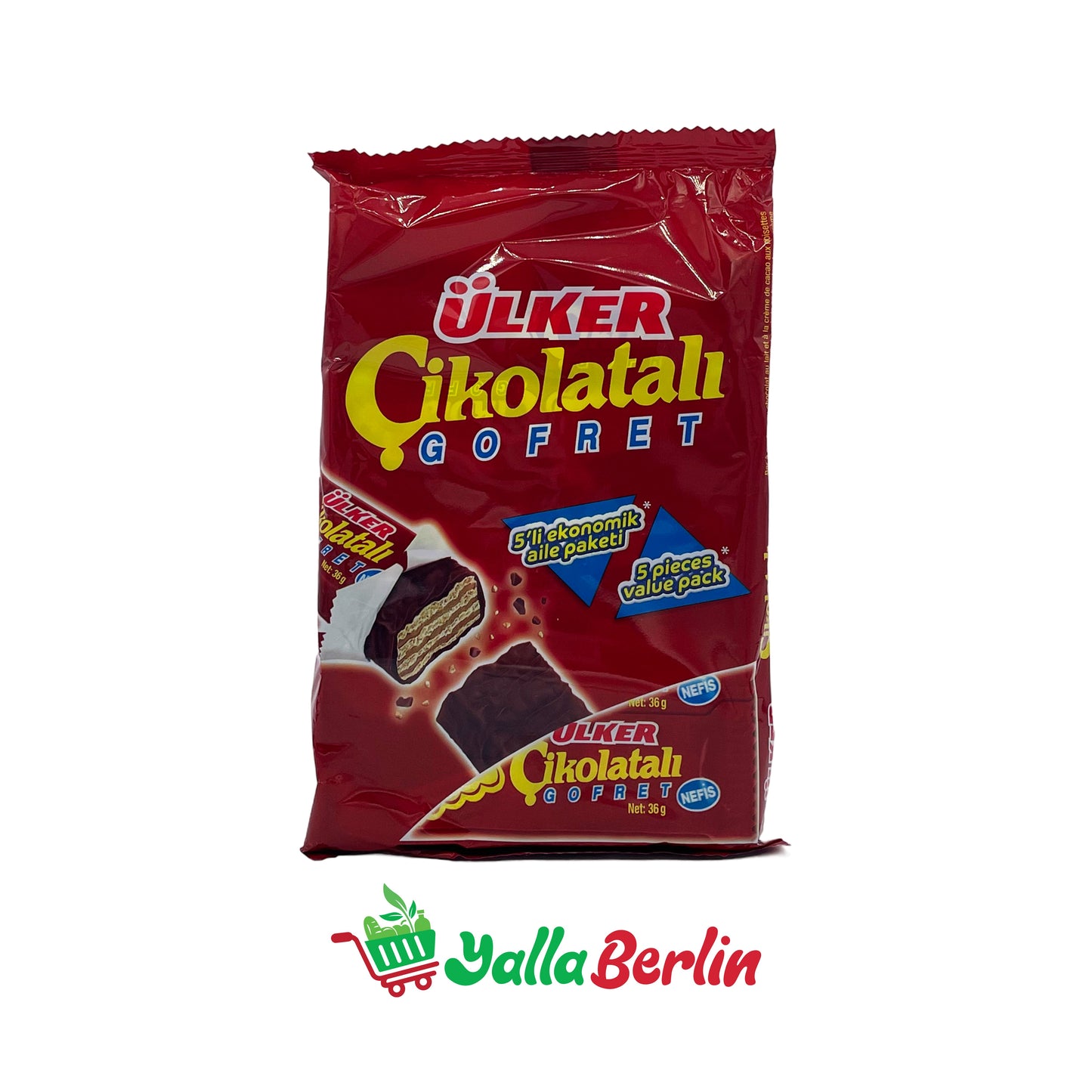 ÜLKER ÇIKOLATALI, GEFÜLLT MIT CREME UND ÜBERZOGEN MIT SCHOKOLADE.