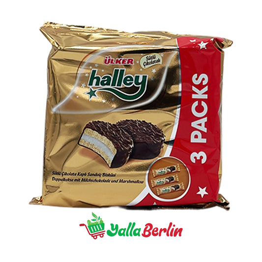 ÜLKER HALLEY KEKS, GEFÜLLT MIT CREME UND ÜBERZOGEN MIT SCHOKOLADE.