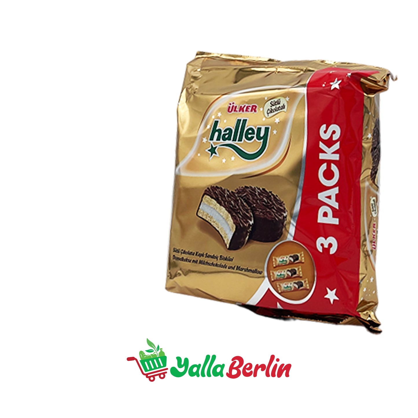 ÜLKER HALLEY KEKS, GEFÜLLT MIT CREME UND ÜBERZOGEN MIT SCHOKOLADE.