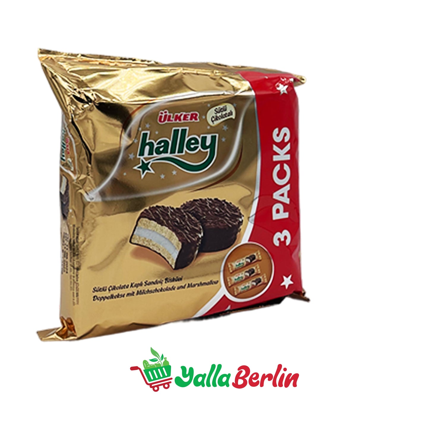 ÜLKER HALLEY KEKS, GEFÜLLT MIT CREME UND ÜBERZOGEN MIT SCHOKOLADE.