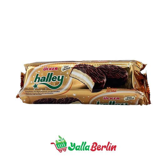 ÜLKER HALLEY KEKSE, GEFÜLLT MIT CREME UND IN SCHOKOLADE GETAUCHT, 10 STÜCK.